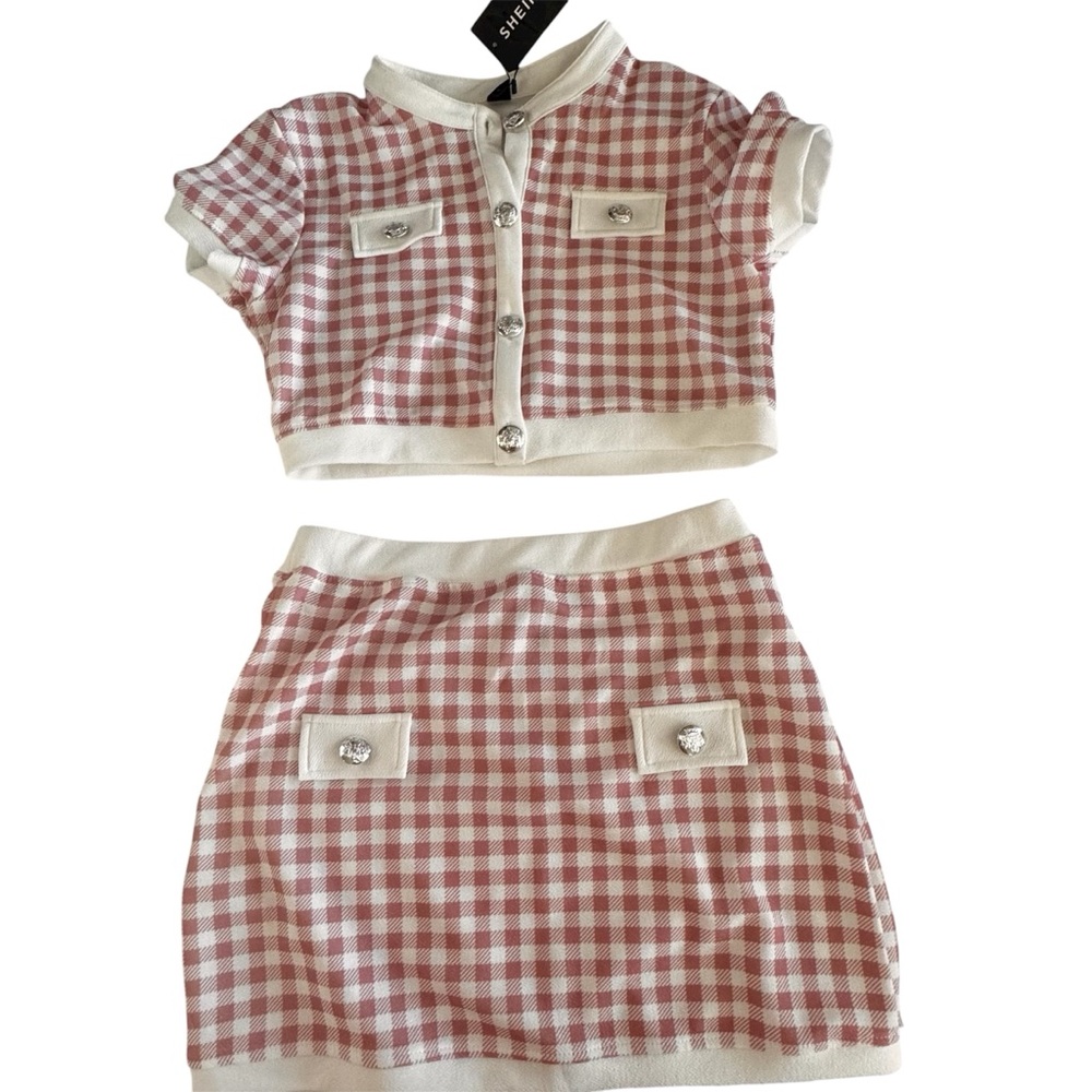 SHEIN Pink and White Checkered Two-Piece Outfit brand new size L